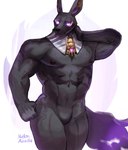 abs ankh anthro black_body black_fur butler dark_nipples featureless_crotch fur glowing glowing_eyes hand_on_head male muscular muscular_arms nipples nude null pecs purple_eyes raised_arm smile solo melon_airaiku dislyte lilith_games drew_(dislyte) anubian_jackal canid canine canis jackal mammal hi_res