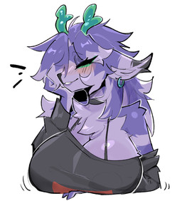 anthro bangs big_breasts black_nose blush blush_lines breasts cleavage clothed clothing ear_piercing ear_ring eyelashes eyes_closed female fur green_horn grey_clothing grey_shirt grey_topwear hair happy horn huge_breasts long_eyelashes long_hair long_sleeves off_shoulder piercing purple_body purple_fur purple_hair ring_piercing shirt simple_background smile solo topwear white_background shiyaa_stuff deer mammal 2025 colored colored_sketch digital_drawing_(artwork) digital_media_(artwork) hi_res sketch