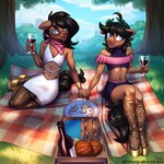 alcohol anthro averting_eyes basket beverage black_hair blue_eyes blush bottomwear bracelet brown_body brown_fur cheese clothed clothing container crossdressing cup dairy_products dress drinking_glass eyewear femboy food footwear fur glass glass_container glass_cup glasses grass hair hand_holding jewelry laurel_wreath leaf leaf_crown legwear loaf male picnic picnic_basket plant sandals sandwich_(food) shoes skirt stockings tree wine wine_bottle wine_glass jedayskayvoker hasbro my_little_pony benjamin_terrance_tover_(oc) fan_character laurel_crown_(oc) earth_pony equid equine horse mammal pony 1:1 absurd_res hi_res