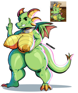 3_toes 5_fingers angry anthro anthrofied big_breasts big_butt big_nipples black_sclera breasts brown_nipples butt claws clenched_teeth collar collar_only countershading curvy_figure feet female fingers front_view frown gesture green_body green_scales grey_collar hand_gesture horn hourglass_figure huge_breasts huge_nipples humanoid_hands membrane_(anatomy) membranous_wings middle_finger multi_horn nipples non-mammal_breasts non-mammal_nipples nude scales simple_background solo spiked_tail spikes spikes_(anatomy) tail teeth thick_thighs toe_claws toes ventral_scales white_background white_eyes wide_hips wings yellow_body yellow_claws yellow_countershading yellow_horn yellow_scales nekochanoff escape_from_ever_after european_mythology mythology tinder_(escape_from_ever_after) dragon mythological_creature mythological_scalie scalie western_dragon absurd_res hi_res