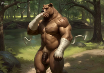 5_fingers abs anthro balls biceps black_nose blood bodily_fluids brown_balls brown_body brown_fur brown_nipples brown_penis claws clothing darkened_areola darkened_genitalia darkened_nipples darkened_penis day deltoids fingers flaccid forearm_muscles foreskin forest fur genitals glans grass hand_wraps handwear humanoid_genitalia humanoid_penis male mostly_nude mostly_nude_anthro mostly_nude_male muscular muscular_anthro muscular_male nipples nosebleed outside pecs penis plant pubes river rock scar solo standing tree triceps vein wraps aduran bear mammal 2026 hi_res