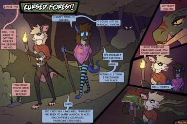 anthro barefoot blonde_hair blue_body blue_skin blue_tail brown_hair clothing color_coded color_coded_speech_bubble countershading dialogue facial_piercing feet female forest fur green_body grey_body grey_fur group hair jumping_on_another licking licking_lips licking_own_lips male male/female markings melee_weapon motion_lines nose_piercing piercing pink_body pink_skin pink_tail pink_tongue plant poncho prosthetic prosthetic_arm prosthetic_limb red_markings speech_bubble sword tail teeth_showing text tongue tongue_out torch tree trio walking_stick weapon yellow_eyes waschbar carmine_mcscarra circe_(pankallisti) rivocie_(rawrzky) american_opossum lizard mammal marsupial murid murine rat reptile rodent scalie 3:2 absurd_res comic english_text hi_res huge_filesize