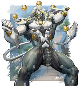 anthro balls biped bodily_fluids dripping flaccid floating genital_fluids genitals humanoid_genitalia humanoid_penis looking_at_viewer machine male muscular muscular_anthro muscular_male orbs pecs penis precum precum_drip solo tail amon-sydonai mihoyo zenless_zone_zero banyue_(zenless_zone_zero) robot robot_anthro hi_res