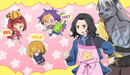 anthro apron black_body black_fur black_hair blonde_hair chibi clothing eyewear female fur glasses group hair male muscular muscular_anthro muscular_male pecs red_hair text white_hair 3567days bandai_namco digimon digimon_beatbreak kyo_sawashiro makoto_kuonji reina_sakuya tomoro_tenma chiropmon digimon_(species) felid feline gekkomon human mammal murasamemon pristimon english_text