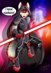 anthro armor clothed clothing holding_object holding_weapon lightsaber looking_at_viewer male melee_weapon red_lightsaber saberstaff sith solo text weapon gard3r star_wars canid canine canis mammal wolf 2015 english_text