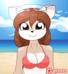 5_fingers >:3 anthro areola assisted_exposure beach bikini bikini_removed bikini_top_removed black_nose blue_eyes blush breasts brown_eyes brown_hair cleavage clothed clothing covering covering_breasts covering_self detailed_background dialogue duo embarrassed eyebrows eyelashes eyewear female female_anthro fingers forced forced_exposure forced_undressing frown fur glasses goggles hair humiliation long_hair looking_at_viewer neck-tie_bikini neck-tie_clothing neck-tie_swimwear nipples nude open_mouth outside public public_exposure public_humiliation removed_clothing sand seaside sky smile speech_bubble spots swimwear swimwear_removed text two-piece_swimsuit undressing untied_bikini water whiskers alfa995 doe_(alfa995) queen_(alfa995) deer domestic_cat felid feline felis mammal 2017 2d_animation animated digital_media_(artwork) english_text motion_tweening short_playtime