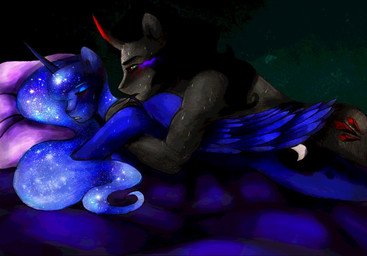 anthro anthrofied bed blue_hair blush bodily_fluids cutie_mark duo eye_mist feathered_wings feathers female furniture hair horn hug lying male nude red_eyes romantic romantic_couple sweat wings art-surgery friendship_is_magic hasbro my_little_pony mythology king_sombra_(mlp) princess_luna_(mlp) equid equine mammal mythological_creature mythological_equine unicorn winged_unicorn 2014 source_request unavailable_at_source