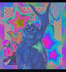 3_fingers alternate_form anthro anthrofied arthropod_abdomen biped colorful_background crown eyespots featureless_crotch fingers flower folded_wings foreshortening fur green_wings grin headgear insect_wings lepidopteran_wings male male_anthro markings monotone_body monotone_fur multicolored_wings nude nude_anthro nude_male plant purple_body purple_wings rainbow_wings rose_(flower) round_head ruff smile solo standing teeth toothy_grin wings viffster disney hoppers_(disney) pixar titus_(hoppers) arthropod butterfly insect lepidopteran 2026 digital_media_(artwork) hi_res