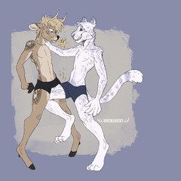 anthro anthro_on_anthro antlers attack ballbusting blonde_hair blue_eyes blue_markings brown_body cheek_tuft clothed clothing cock_and_ball_torture crotch_attack duo erection erection_under_clothing facial_markings facial_tuft genital_torture grin hair head_markings horn leg_markings male male/male markings narrowed_eyes neck_tuft nipples simple_background smile standing tail tail_markings tan_antlers tan_body text tuft bucklucky lucky_(bucklucky) deer felid mammal new_world_deer white-tailed_deer artist_name hi_res trans_(lore) trans_man_(lore)