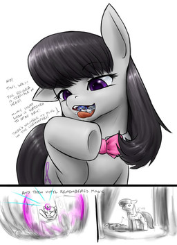 black_hair bow_(feature) bow_tie bowed_string_instrument cello cutie_mark dialogue duo ears_down female feral hair horn magic micro musical_instrument open_mouth pivoted_ears purple_eyes spotlight string_instrument teeth text tongue tongue_out vore alloyrabbit friendship_is_magic hasbro my_little_pony mythology octavia_(mlp) vinyl_scratch_(mlp) equid equine horse mammal mythological_creature mythological_equine pony unicorn english_text