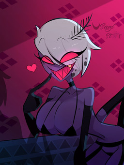 big_breasts bikini breasts clothed clothing crossgender fangs female hair looking_at_viewer multi_arm multi_limb open_mouth open_smile partially_clothed red_eyes smile solo swimwear teeth thick_thighs two-piece_swimsuit white_hair usagi_star hazbin_hotel hellaverse valentino_(hazbin_hotel) arthropod demon demon_humanoid humanoid insect lepidopteran moth 3:4 hi_res