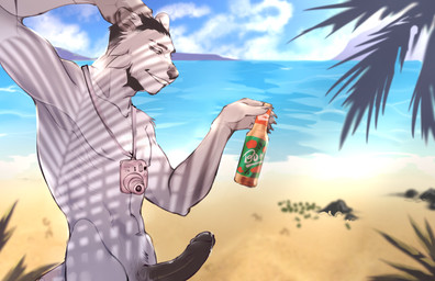 abs anthro athletic beach beverage big_penis black_hair black_nose black_penis bodily_fluids bottle camera camera_strap cheek_tuft container countershade_ears countershading facial_tuft fur genital_fluids genitals glans gradient_fur hair hand_behind_head humanoid_genitalia humanoid_penis leaking_precum lemonade male nude_anthro palm_leaves pecs penis precum seaside smile smiling_at_viewer solo tuft volchok_(brand) white_body white_fur mude fujifilm lun_(lunerman) bear mammal polar_bear ursine absurd_res hi_res