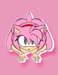 accessory anthro areola big_butt black_nose butt eyelashes female front_view fur green_eyes hair hair_accessory hairband head_tuft high-angle_view kneeling looking_at_viewer nipples nude pink_areola pink_background pink_body pink_fur pink_hair pink_nipples short_hair simple_background solo tan_body tan_fur thick_thighs tuft wide_hips xenrevv sega sonic_the_hedgehog_(series) amy_rose eulipotyphlan hedgehog mammal hi_res