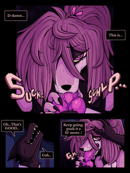 anthro bodily_fluids clothed clothing deep_throat dialogue drooling duo erection fangs fellatio female fur genitals hair hand_on_head homeless knot knotted_penis looking_pleasured male male/female messy_hair oral oral_penetration partially_clothed penetration penile penis ponytail saliva sex sound_effects sweat teeth text tongue tongue_out uncomfortable vowelless vowelless_sound_effect ponporio homeless_dog the_suit_(ponporio) canid canine canis domestic_dog mammal 3:4 absurd_res comic english_text hi_res