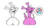 anthro armless arrow_(anatomy) big_butt black_outline blush bodily_fluids butt butt_focus embarrassed female glistening glistening_body glistening_butt heat_(temperature) huge_butt huge_hips not_furry nude open_mouth outline pink_body purple_tongue short_stack simple_background solo spiral_eyes sweat tail thermostat tongue white_background white_butt white_tail wide_hips box_(hajimeyou654) deltarune undertale_(series) virovirokun 2021 digital_media_(artwork)