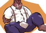 anthro belly big_belly blush bottomwear bulge clothing male overweight overweight_male pants shirt simple_background sitting solo suspenders topwear underwear pandarita knights_college hermann_(knights_college) mammal suid suina sus_(pig) wild_boar 2022 absurd_res hi_res