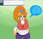 anthro big_breasts blush bottomwear breasts brown_body brown_fur canid canine canis clothed clothing domestic_dog female fur green_eyes hair huge_breasts kibbles_(uberquest) long_hair mammal midriff multicolored_body multicolored_fur navel open_mouth orange_hair pants shirt skidd slightly_chubby smile solo thick_thighs topwear two_tone_body two_tone_fur uberquest white_body white_fur wide_hips