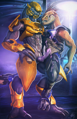 2_toes 3_fingers 3_toes 4_fingers animal_genitalia animal_penis anthro arm_quills armor bodily_fluids bottomless bottomless_humanoid clothed clothing colored_cum cum cum_on_body cum_on_chest digitigrade duo erection feet fingers genital_fluids genitals hand_on_hip holding_another knot male male/male penis purple_cum quill_hair sitting_on_leg standing toes unusual_anatomy unusual_bodily_fluids unusual_cum unusual_genital_fluids unusual_genitalia unusual_penis yellow_eyes drakaar halo_(series) microsoft xbox_game_studios t'loaki alien humanoid ibie'shan kig-yar sangheili scalie hi_res