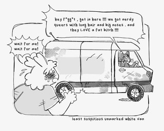 ambiguous_gender anthro bodily_fluids censored_text clothing dialogue duo female homophobic_slur medium_truck pawpads profanity running shirt slur speech_bubble sweat t-shirt text topwear truck van vehicle fishtins felid feline mammal 2026 comic digital_drawing_(artwork) digital_media_(artwork) english_description english_text hi_res monochrome