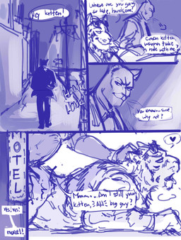 anthro black_body black_fur clothing dialogue dom_turn_sub duo fur hair hair_grab jacket male male/male motel role_reversal text topwear touching_hair vhkansfweer blacksad instant_loss_2koma john_blacksad domestic_cat felid feline felis mammal pantherine tiger english_text hi_res