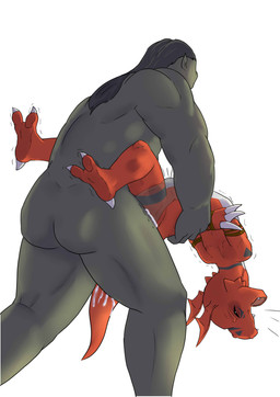 abdominal_bulge ambiguous_penetration anthro arms_tied arms_tied_behind_back bdsm bodily_fluids bondage bound cum dominant duo faceless_character faceless_male forced genital_fluids green_body holding_partner internal larger_dom male male/male muscular muscular_male nude pain painful_penetration penetration rape red_body screaming sex shaking shivering simple_background size_difference smaller_penetrated white_background x-ray_view hector21314 bandai_namco digimon digimon_(species) dinosaur guilmon humanoid orc prehistoric_species reptile scalie absurd_res hi_res
