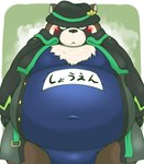 anthro belly blush bulge clothing coat embarrassed flasher hat headgear headwear male one-piece_swimsuit overweight overweight_anthro overweight_male solo swimwear tight_clothing topwear trenchcoat hamatnk lifewonders live_a_hero shoen canid canine mammal raccoon_dog tanuki