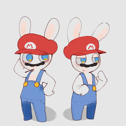 anthro arms_bent biting_on_toothpick black_facial_hair black_mustache blue_clothing blue_eyes blue_overalls blush clothed clothed_anthro clothed_male clothing eye_through_hair facial_hair fist fur hair hand_behind_head hand_pawpads hat headgear headwear lidded_eyes light long_ears male male_anthro mitten_hands mouth_closed multicolored_body multiple_poses mustache no_pupils noseless overalls pawpads pockets pose red_clothing red_hat red_headwear shirtless_anthro shirtless_male simple_background solo standing tan_body tan_eyelids tan_inner_ear tan_pawpads tan_skin toothpick toothpick_in_mouth translucent translucent_hair two_tone_body white_background white_body white_fur renballball mario_bros mario_plus_rabbids_kingdom_battle nintendo raving_rabbids rayman_(series) ubisoft rabbid_mario lagomorph mammal rabbid 1:1 2023 colored crossover digital_drawing_(artwork) digital_media_(artwork) lighting shaded