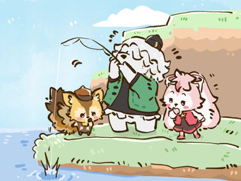 anthro beanie brown_body brown_fur chibi clothing female fishing fishing_rod fur group hair hair_over_eyes hat headgear headwear male pink_body pink_fur trio white_body white_fur petit_planet esassani_(petit_planet) glenn_(petit_planet) mobai_(petit_planet) canid canine canis domestic_dog herding_dog lagomorph leporid mammal pastoral_dog rabbit rodent sciurid sheepdog tree_squirrel hi_res