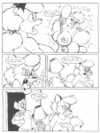 anthro areola between_breasts big_areola big_breasts black_and_white breasts canid canine comic door duo_focus dutch_(artist) exclamation_point female fox group guitar jules_(dutch) lamp latna_(dutch) male mammal misty_(dutch) misty_the_mouse monochrome mouse murid murine musical_instrument nipples pen_(artwork) plucked_string_instrument rodent smile string_instrument tail traditional_media_(artwork)