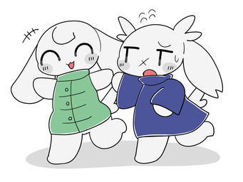 ambiguous_gender anthro blue_clothing blue_sweater blue_topwear bodily_fluids bottomless cheek_spots clothed clothing duo emanata eyebrows eyes_closed facial_scar floppy_ears fur green_clothing green_jacket green_topwear hair jacket jacket_only one_leg_up open_mouth open_smile raised_eyebrow raised_leg scar scut_tail short_tail simple_background smile sweat sweatdrop sweater sweater_only tail topwear topwear_only white_background white_body white_fur white_hair x_scar ikatenwatanabe cave_story sue_sakamoto toroko lagomorph mammal mimiga 2026 4:3 absurd_res hi_res widescreen female_(lore)