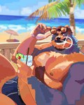 anthro arm_tuft barazoku beach beach_umbrella belly beverage biceps brown_hair bulge chest_tuft clothed clothing deltoids elbow_tuft eyewear eyewear_on_head facial_hair goatee hair looking_at_viewer male manly mature_male musclegut muscular muscular_arms mustache neck_tuft nipples one_eye_closed palm_tree parasol pecs plant railing reclining slightly_chubby smile smiling_at_viewer solo speedo speedo_only sunglasses sunglasses_on_head swimwear topless tree triceps tuft water wink winking_at_viewer naikuma bear mammal 2023 hi_res