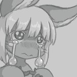 ambiguous_gender anthro begging blush bodily_fluids emote grey_background has_colored-in_version long_ears nude simple_background solo tears buneposter made_in_abyss nanachi narehate 1:1 black_and_white greyscale monochrome portrait