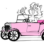 anthro antique_car car clothed clothing female hair motor_vehicle raised_arm scarf short_hair simple_background smile solo vehicle vintage_car creator_ant amy_(creator_ant) domestic_cat felid feline felis mammal 1:1 hi_res