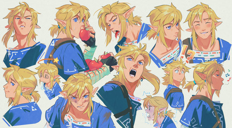 apple blue_clothing blue_eyes clothed clothing eating eating_food eyebrows eyes_closed food fruit hair humanoid_pointy_ears interrobang male musical_note musical_symbol not_furry open_mouth plant pointy_ears smile solo symbol whistling uzucake breath_of_the_wild nintendo the_legend_of_zelda link humanoid hylian