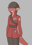 anthro armor blonde_hair clothing fist hair headgear helmet helmet_over_eyes military pink_body pink_skin ribbons short_hair soldier soldier_uniform solo standing uniform warrior frankievix amphibia_(series) disney team_fortress_2 valve general_yunan lady_olivia soldier_(team_fortress_2) amphibian newt salamander