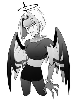 clothed clothing feathered_wings feathers female halo not_furry prosthetic prosthetic_arm prosthetic_limb simple_background solo white_background wings enaic31 hazbin_hotel hellaverse lute_(hazbin_hotel) angel angel_humanoid humanoid absurd_res hi_res monochrome