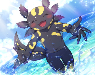 5_fingers ambiguous_gender anthro black_body black_bottomwear black_clothing black_shorts bottomwear clothed clothing cloud eyes_closed fangs fingers happy male open_mouth sea shorts sky solo spread_arms tail teeth tongue topless topless_male water wet wet_body yellow_body young young_ambiguous young_anthro kochi662368621 epic_games fortnite axo_(fortnite) amphibian axolotl marine mole_salamander salamander 2023 english_description hi_res male_(lore)
