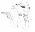 ambiguous_gender dual_handguns eyewear feral gun handgun holding_gun holding_object holding_ranged_weapon holding_weapon ranged_weapon semi-anthro simple_background solo sunglasses teeth weapon what white_background unknown_artist dinosaur ornithischian pachycephalosaurid pachycephalosaurus prehistoric_species reptile scalie 2016 digital_media_(artwork) monochrome