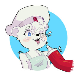 anthro blue_eyes blush bottle clothing container female fur hat headgear headwear heart_eyes heart_symbol mascot messy open_mouth simple_background solo white_body white_fur wince mrmapache bimbo_(bakery) bimbo_bear bear mammal hi_res