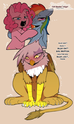 beak blue_body blue_eyes blush bodily_fluids brown_body brown_fur crying feathers feet female feral fur group hair motion_lines multicolored_hair open_mouth pink_body pink_hair pupils purple_eyes rainbow_hair slit_pupils tears teeth text toes trio white_body white_feathers wings yellow_eyes cold-blooded-twilight friendship_is_magic hasbro my_little_pony mythology woman_yelling_at_a_cat gilda_(mlp) pinkie_pie_(mlp) rainbow_dash_(mlp) avian earth_pony equid equine gryphon horse mammal mythological_avian mythological_creature mythological_equine pegasus pony 2025 3:5 english_text hi_res