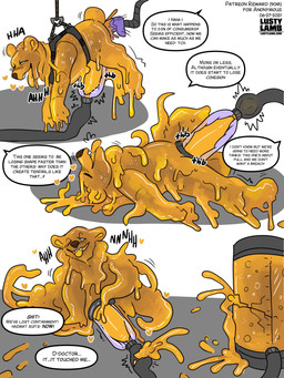 bdsm bondage bound containment_breach corruption dialogue endless_orgasm feral food genitals honey_(food) hyper laboratory loss_of_self male penile penis penis_milking penis_milking_machine science slime solo suspension suspension_bondage text transformation conditional_dnp lustylamb bear goo_creature mammal 3:4 english_text hi_res