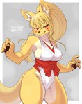 4_fingers anthro areola areola_slip asian_clothing blonde_hair breasts clothed clothed_anthro clothed_female clothing countershading east_asian_clothing eyelashes female female_anthro fingers fur hair high_cut_miko_outfit inner_ear_fluff japanese_clothing kemono long_hair looking_at_viewer miko_outfit multicolored_body multicolored_fur nipples ponytail red_eyes side_boob simple_background smile solo standing three-quarter_view tuft two_tone_body two_tone_fur white_body white_fur white_inner_ear_fluff yellow_body yellow_fur tokumori_kaisen foxgirl_(glin720) canid canine fox mammal hi_res