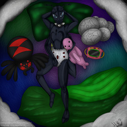 4_arms antennae_(anatomy) anthro bedding blanket clothed clothing collar diaper hands_behind_head looking_at_viewer male multi_arm multi_limb pillow plushie pose solo spider_web wearing_diaper fledgedragonfox tripp_(fledgedragonfox) arthropod hymenopteran insect wasp 1:1 pinup