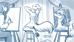 4_toes anthro blush bottomwear brush butt canvas claws clothed clothed_female clothed_human clothing creating_art digitigrade embarrassed feet female feral fully_clothed fully_clothed_female fully_clothed_human fur group hair holding_brush holding_object holding_paintbrush looking_back male nude nude_anthro nude_male nude_modelling paintbrush paintbrush_in_mouth painting painting_(object) pawpads paws pose sitting smile tail toe_claws toes topwear trio conditional_dnp tom_fischbach twokinds maren_taverndatter mrs._nibbly sythe_(twokinds) canid canine canis human keidran mammal rodent sciurid tree_squirrel wolf 2025 7:4 blue_and_white digital_media_(artwork) hi_res monochrome sketch
