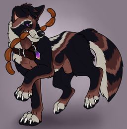 animal_genitalia black_body black_fur black_nose black_pawpads bodily_fluids brown_body brown_collar brown_fur claws collar feral floppy_ears food fully_sheathed fur genitals glistening glistening_eyes grey_background male meat multicolored_eyes orange_eyes pawpads purple_eyes quadruped sausage sheath side_view simple_background solo sweat two_tone_eyes white_body white_claws white_fur killthe_demon canid canine mammal hi_res