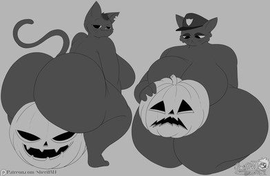 anthro big_breasts big_butt breasts butt cat_tail duo female grey_background half-closed_eyes huge_breasts huge_butt huge_thighs jack-o'-lantern looking_at_viewer lying_on_ground narrowed_eyes nude on_ground police police_hat simple_background tail text thick_thighs whiskers masterj291 night_in_the_woods aunt_molly_(nitw) mae_borowski domestic_cat felid feline felis mammal hi_res monochrome sketch url watermark aunt_(lore) aunt_and_niece_(lore) niece_(lore)