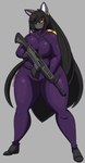 anthro big_breasts black_clothing black_footwear black_hair black_shoes bodysuit breasts clothed clothed_anthro clothed_female clothing female footwear gun hair hair_over_eye holding_gun holding_object holding_ranged_weapon holding_rifle holding_weapon latex latex_bodysuit latex_clothing latex_skinsuit long_hair purple_bodysuit purple_clothing purple_latex purple_skinsuit ranged_weapon rifle skinsuit solo standing thick_thighs tight_clothing trigger_discipline weapon wide_hips yellow_sclera dewwydarts lethal_company dee_(dewwydarts) canid canine canis mammal wolf 2024 hi_res