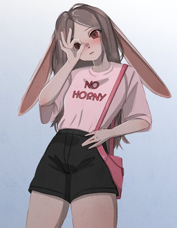 anthro blush bottomwear clothing female fur grey_hair hair handbag red_eyes shorts solo white_body white_fur yourumi mieri_(yourumi) lagomorph leporid mammal rabbit hi_res