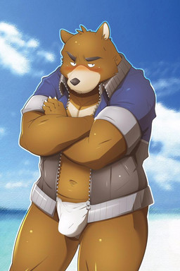 anthro asian_clothing blush brown_body clothing east_asian_clothing fundoshi humanoid_hands japanese_clothing kemono male navel outside slightly_chubby solo underwear white_clothing white_fundoshi white_underwear wanaguma whinge morenatsu bear mammal 2015