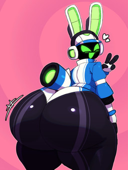 anthro big_butt blush butt clothed clothing electronics female green_eyes headgear headphones huge_butt huge_hips huge_thighs looking_at_viewer looking_back looking_back_at_viewer machine rear_view simple_background solo thick_thighs wide_hips feladrine project_turboblast tempo_(project_turboblast) animal_humanoid humanoid lagomorph leporid mammal rabbit robot robot_anthro 2026 absurd_res digital_media_(artwork) hi_res
